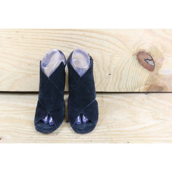 All Saints Womens 6.5 Black Suede Ulla Peep Toe Heels Sandals Strappy Buckle - Picture 2 of 8